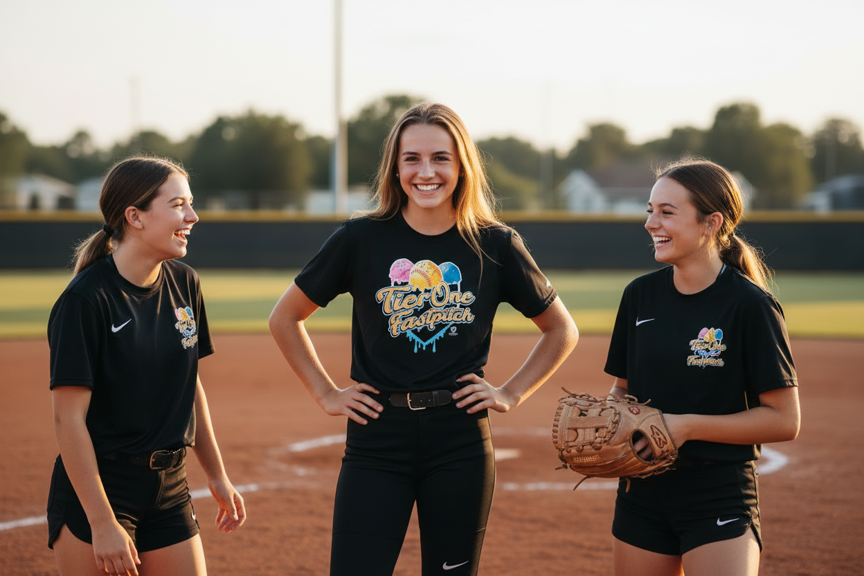 Athlete wearing Drip Script Tee with friends and field in background