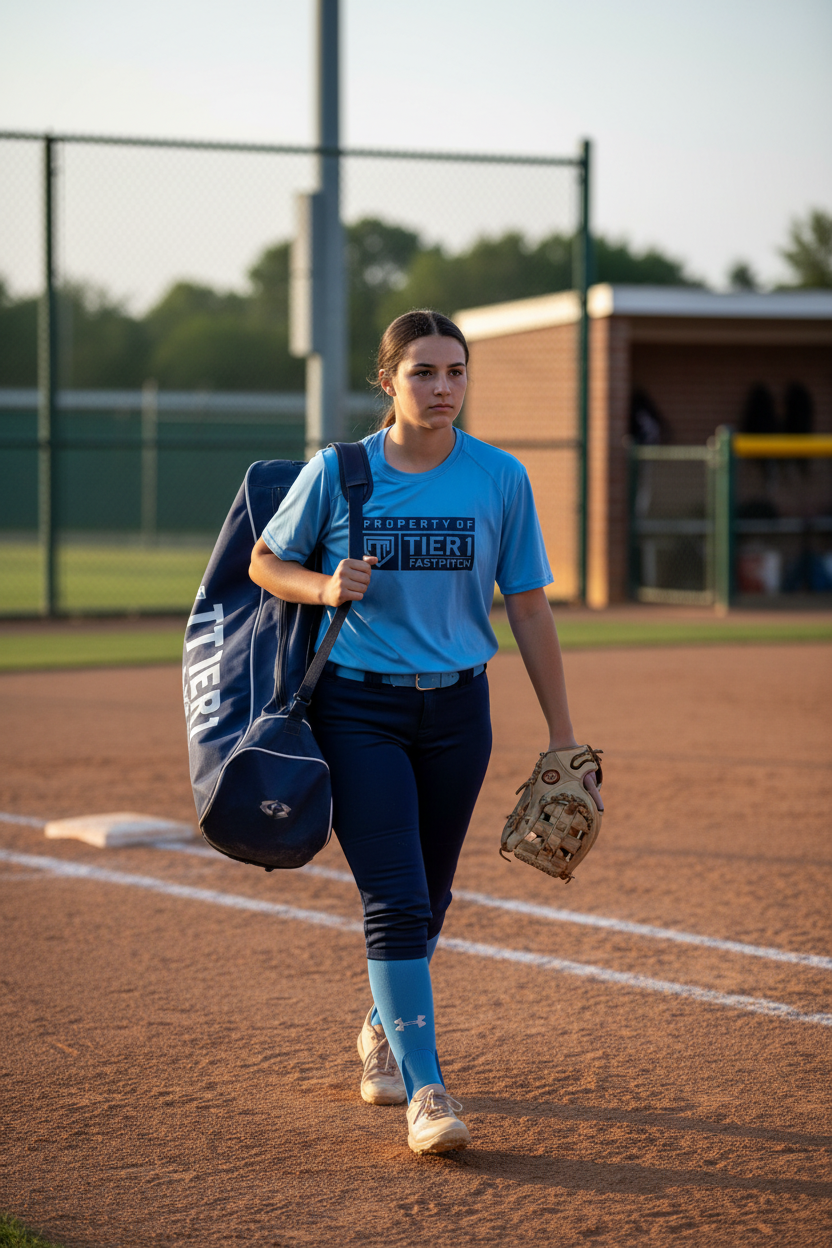 Athlete wearing Program Tee (CB/NV) heading to field with gear