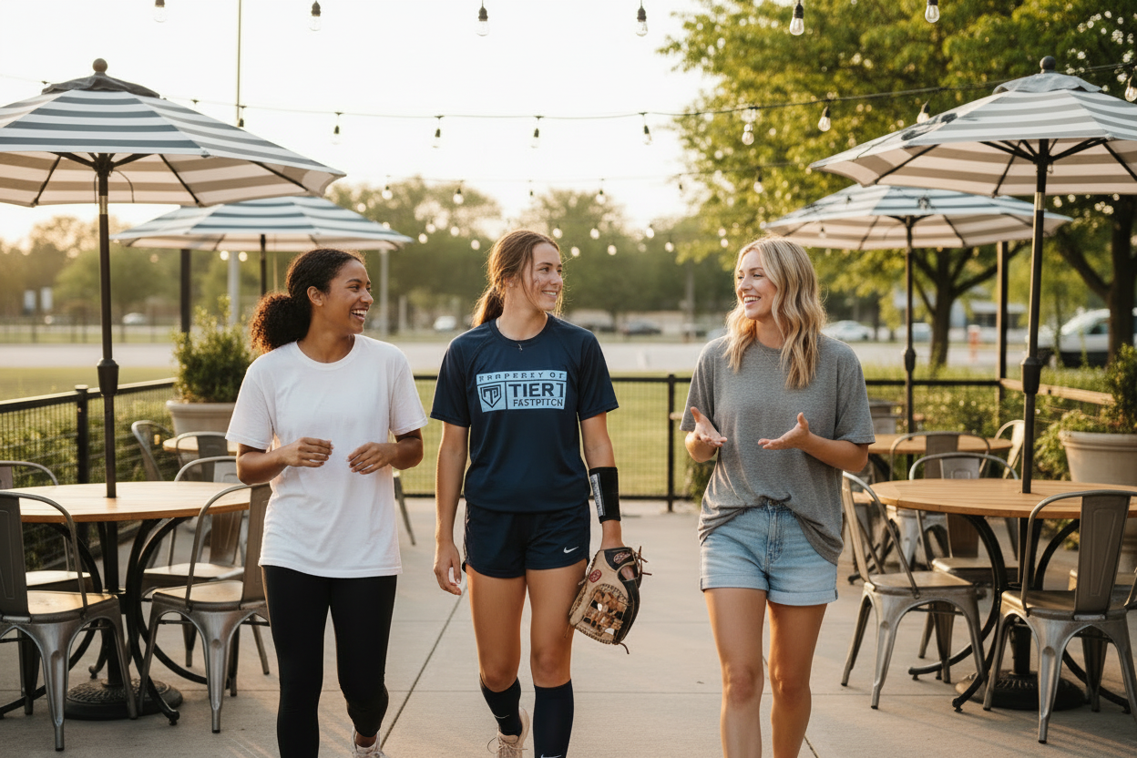 Athlete wearing Program Tee (NY/CB) walking with friends through outdoor restaurant seating