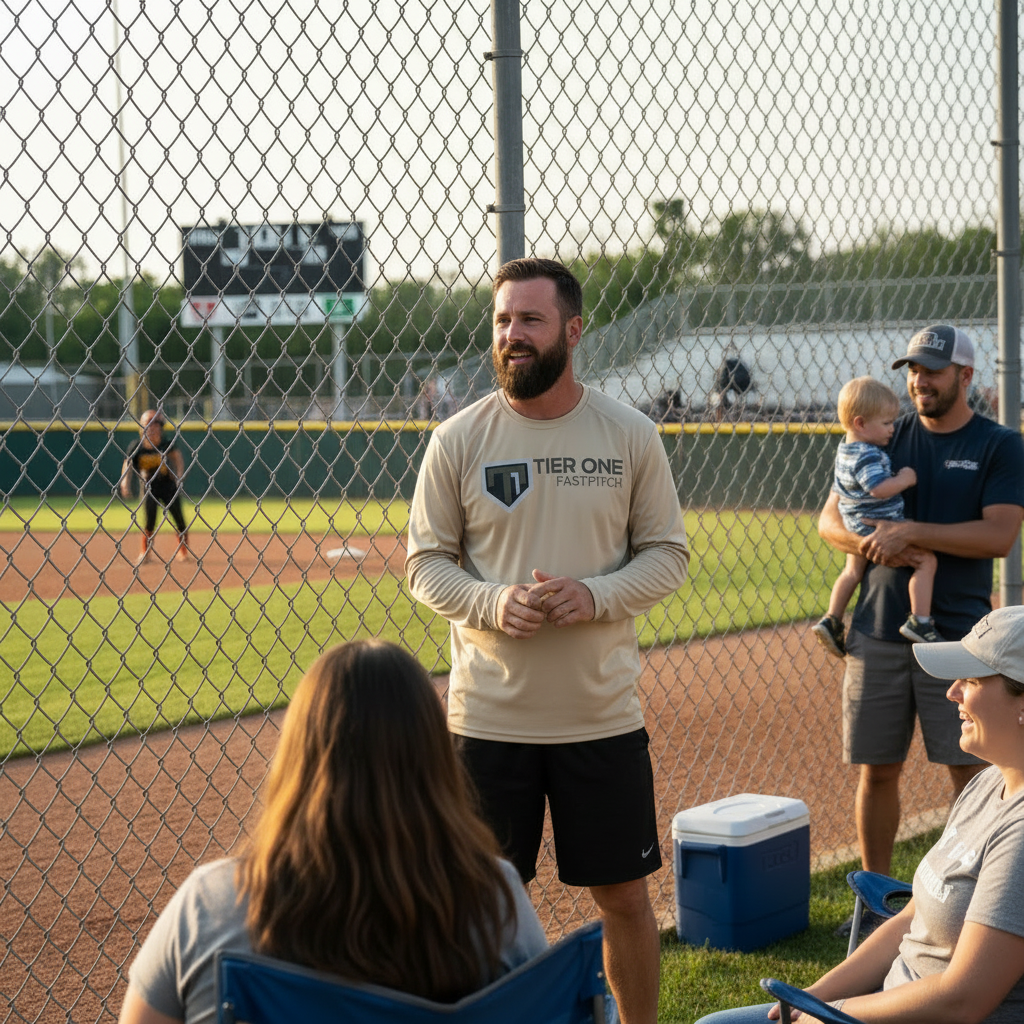 Bearded man in long sleeve shirt talking to parents outside fence