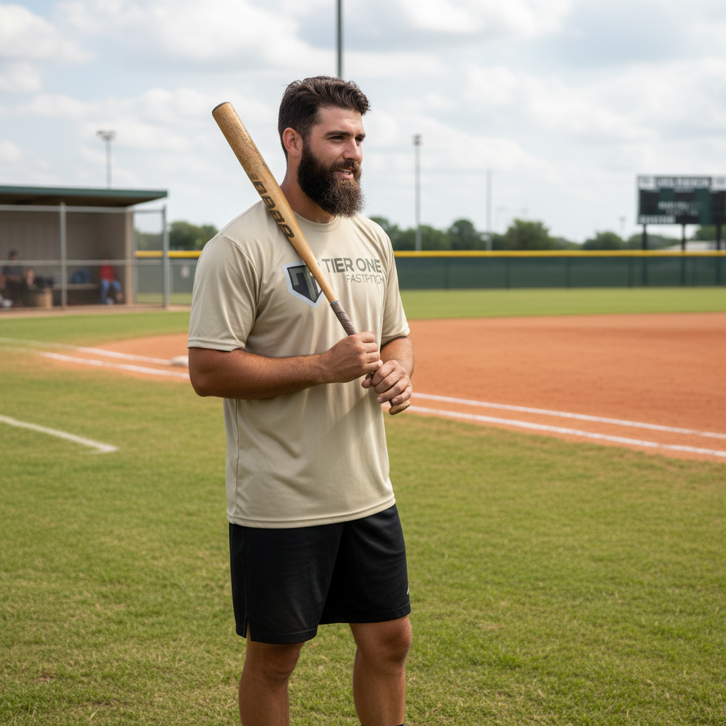 Bearded man in short sleeve tee on softball field