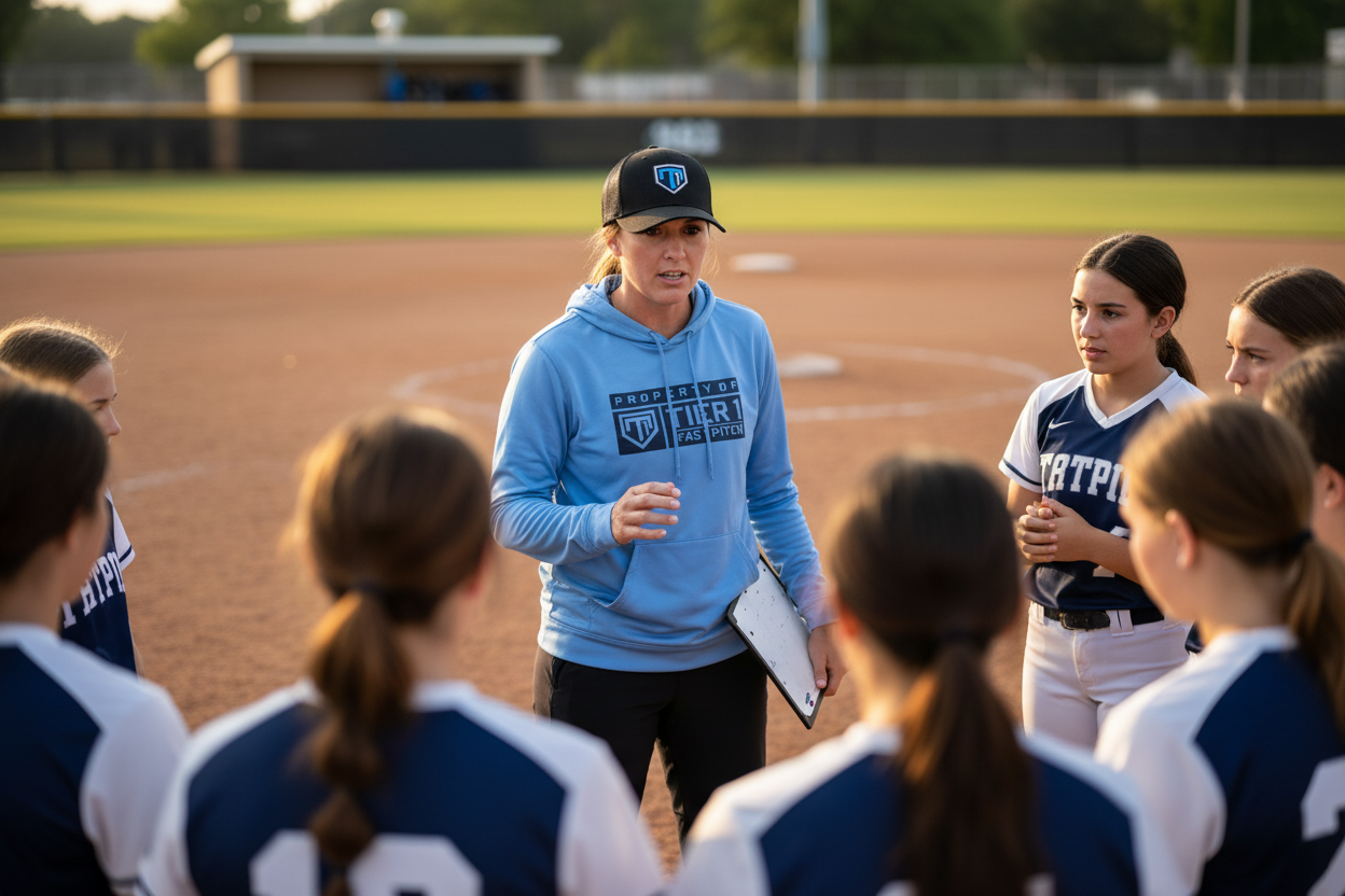 Coach wearing Dugout Hoodie CB/NV and Royal Chrome Hat leading team huddle at practice