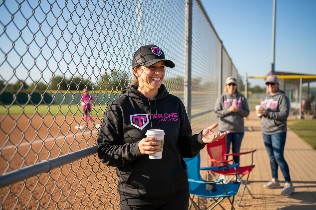 Mom wearing Tier One Signature Hoodie (BK/HP) and Rose Chrome Hat at softball field fence