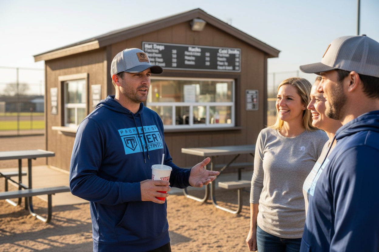 Parent wearing Dugout Hoodie and Gray Leather Edition hat at ballpark concession stand