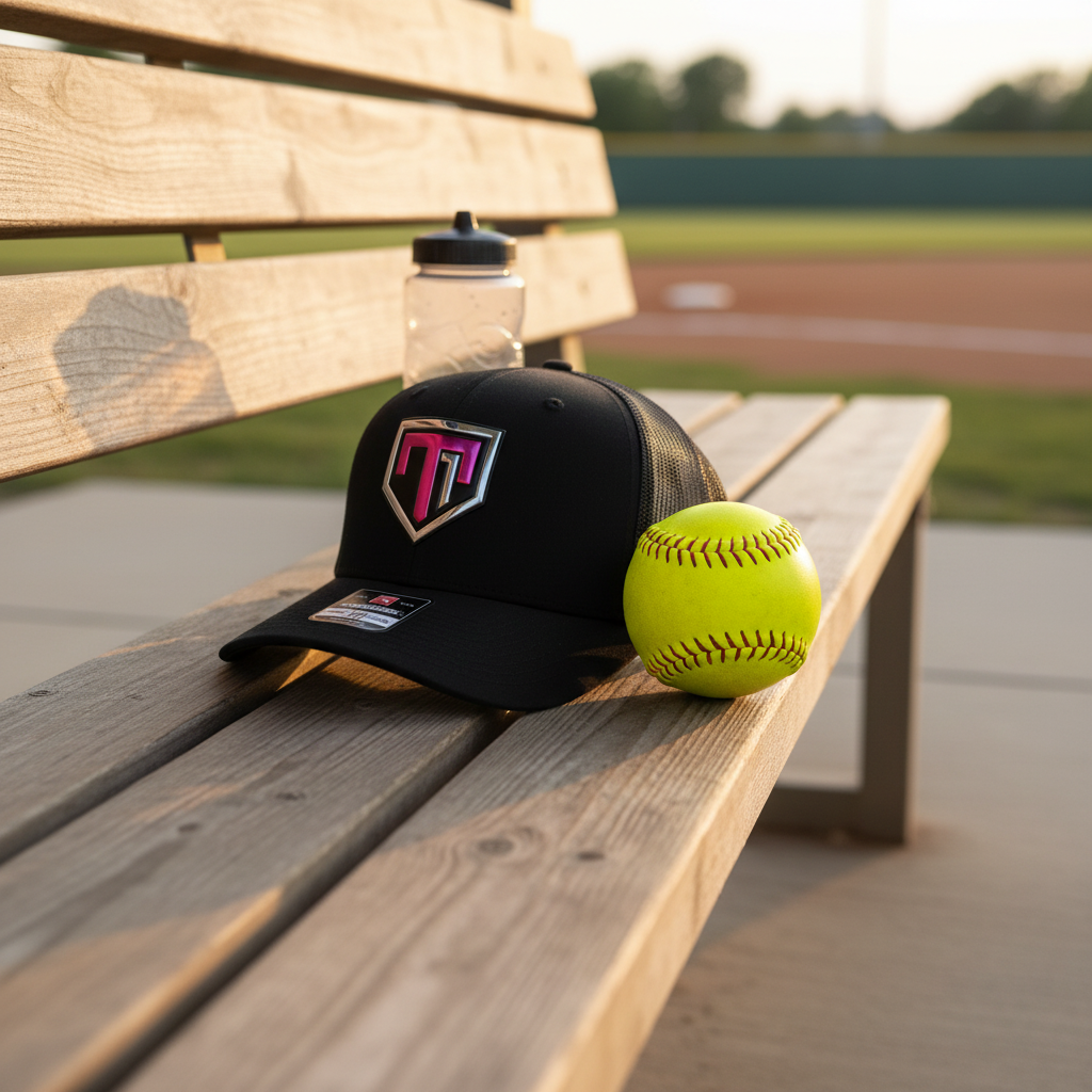Rose Chrome Hat in softball setting