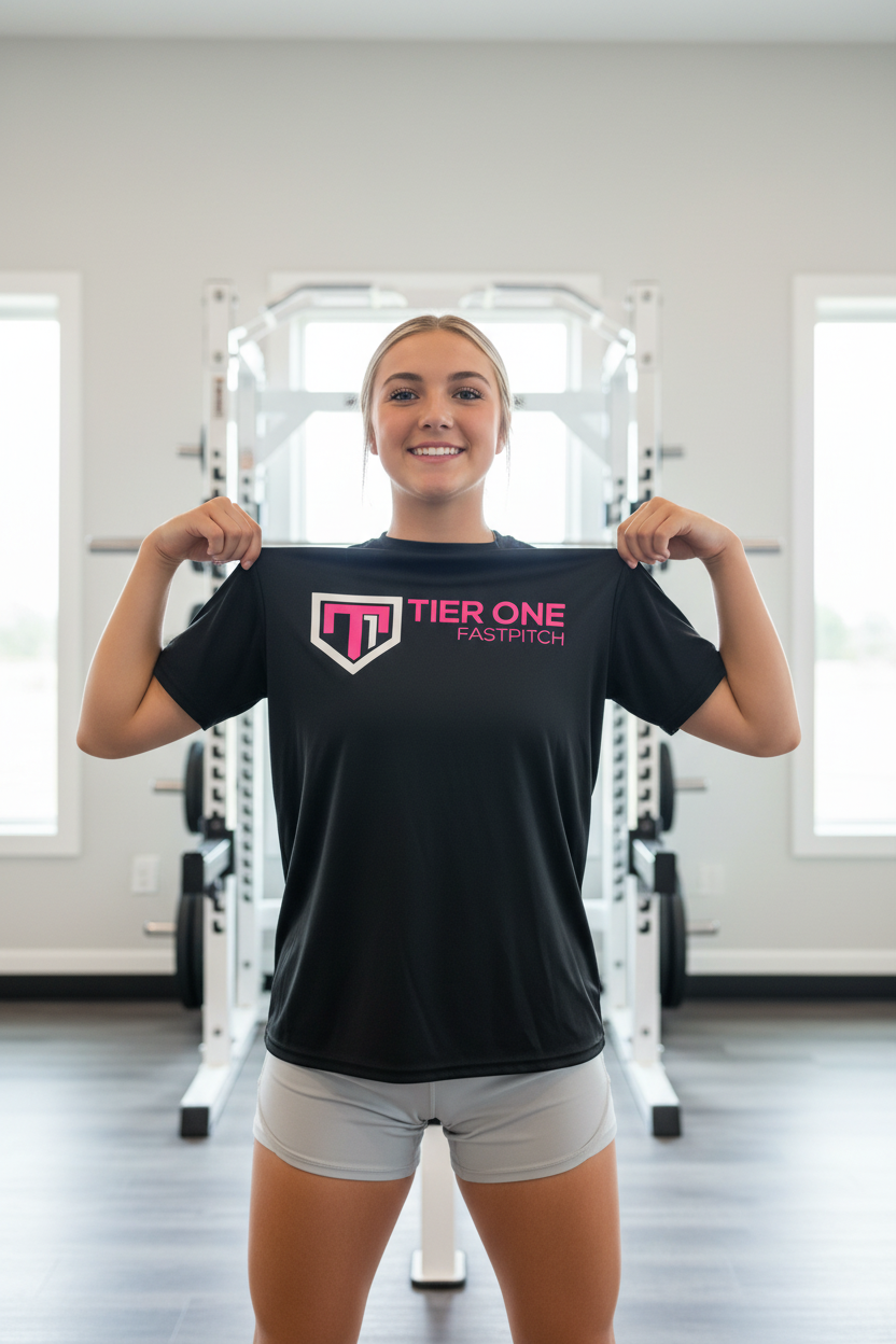 Young athlete wearing Tier One Sideline Tee in hype pose with bright background