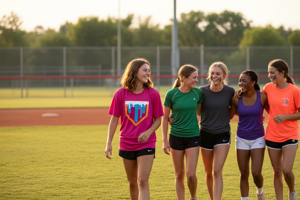 Young girl wearing Summer Drip Tee walking with friends at field